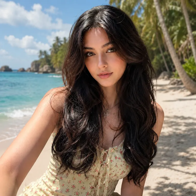 Portrait photo with a tropical beach AI background