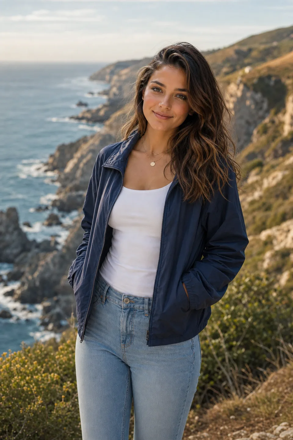 Same recognizable character at a coastal overlook with a navy jacket